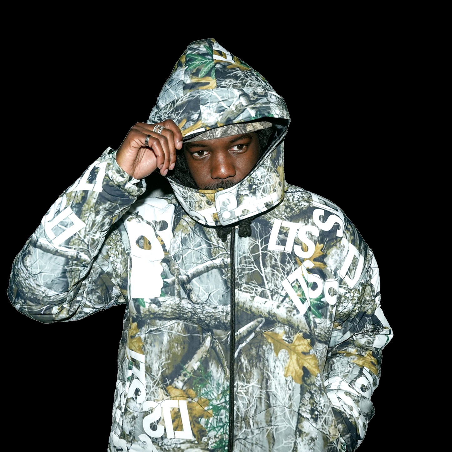 LTS Ambigram Nature Print Camo Puffer Jacket